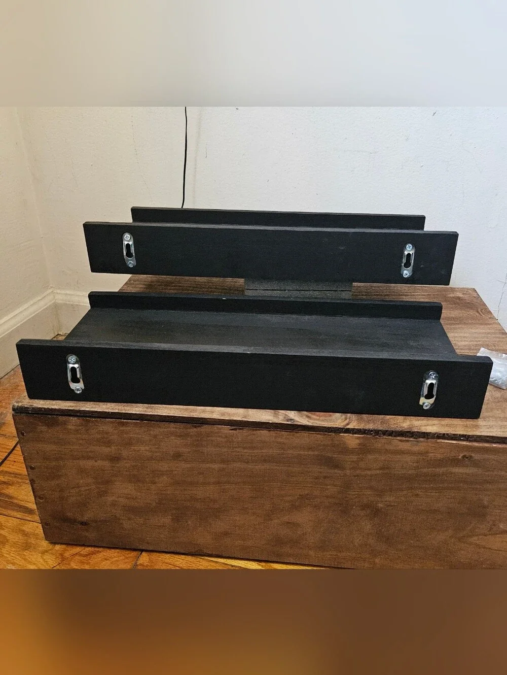 2 Black wood floating shelves nib picture ledge style, featuring a distinct fron